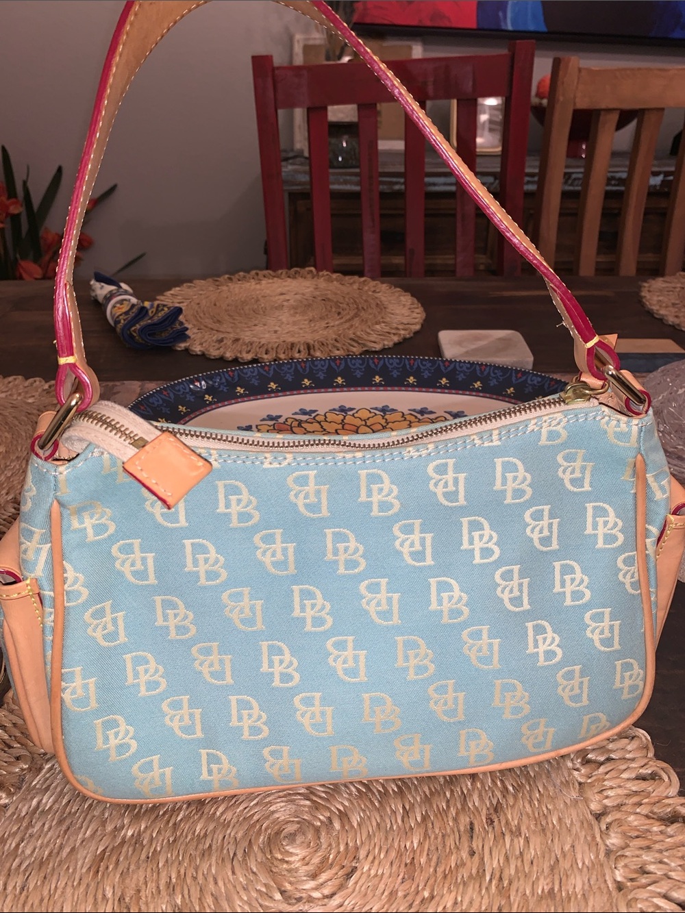 Dooney & Bourke Light Blue Logo Canvas Shoulder Bag with Tan Leather Trim - Picture 4 of 13